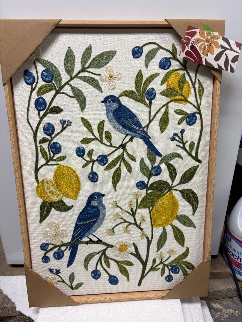 BP Home Woven Embroidered Textile Wall Art Blue Birds Lemons NWT FREE SHIPPING!